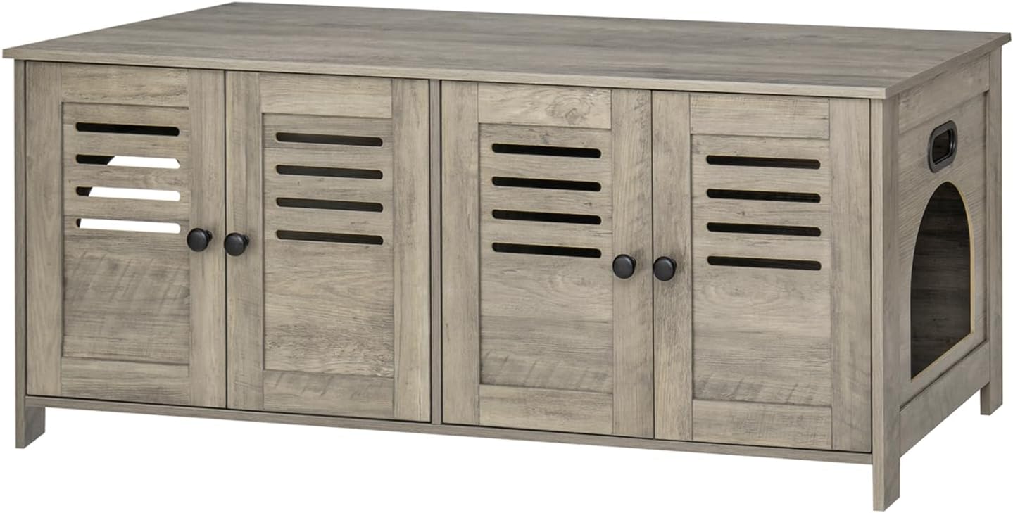 DINZI LVJ Litter Box Enclosure for 2 Cats, Hidden Litter Box Furniture with Double Rooms, Dual Cat Litter House, Front Doors, 47.2" Wooden Hidden Cat Washroom, Side End Table, TV Stand, Gray Wash