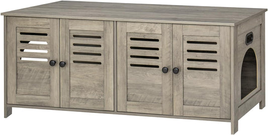 DINZI LVJ Litter Box Enclosure for 2 Cats, Hidden Litter Box Furniture with Double Rooms, Dual Cat Litter House, Front Doors, 47.2" Wooden Hidden Cat Washroom, Side End Table, TV Stand, Gray Wash