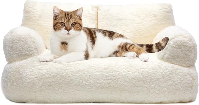 Cat Couch Bed - Cat Bed for Indoor Cats, Calming Pet Sofa Puppy Sleeping Bed with Removable Washable Cover, Cute Dog Couch and Kitty Lounge Chair for 18lbs Cats & Small Dogs(Beige)