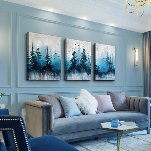 TTHYUEWS Boho Wall Art For Living Room Canvas Wall Decor For Bedroom Forest Landscape Wall Pictures Blue Tree Abstract Wall Paintings Artworks Ready To Hang Office Aesthetic Wall Decoration 3 Piece
