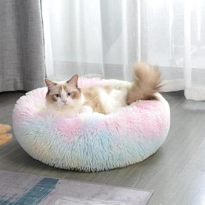 Cat Bed for Indoor Cats and Small Medium Dogs - Washable 20/24 Inches, Anti-Anxiety Round Fluffy Plush Faux Fur, Thick Bottom (Rainbow, Medium)