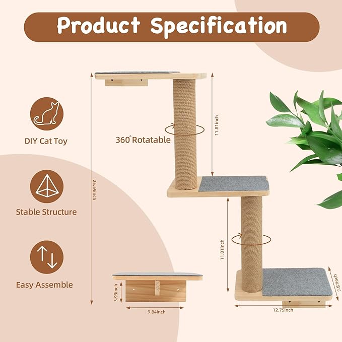 Cat Wall Shelves 3-in-1 – Wall-Mounted Cat Ladder, Steps & Scratching Post for Climbing, Jumping, and Napping