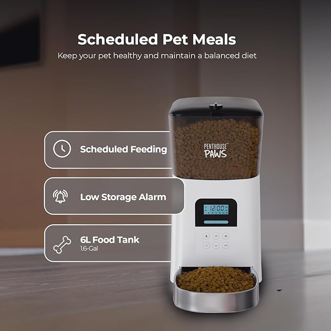 Automatic Cat Feeder, 6L Dry Dog Food Dispenser with LCD Display, Twist-Lock Storage with Freshness Preservation, Anti-Jam Feeding, 10s Voice Meal Call, Upto 15 Daily Meals, Battery Backup White