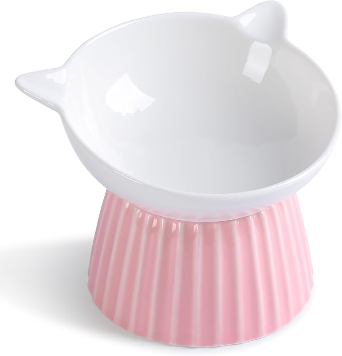 Ceramic Raised Cat Bowl，Tilted Raised Bowl Anti Vomit for Indoor Cats Whisker Friendly Pet Feeder for Cats Puppies, Microwave and Dishwasher Safe (Blue)