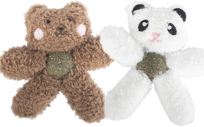 Cat Toys with Catnip Kitten Chew Bite Supplies Boredom Relief Fluffy Kitty Teeth Cleaning Chewing Cat Lovers Interactive Plush Gift (Panda&Bear)