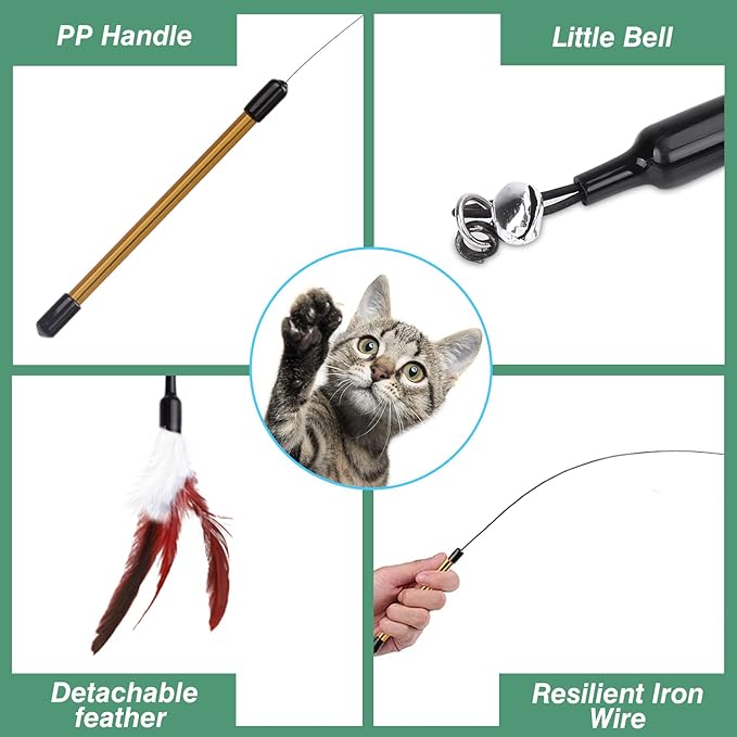 Pawaboo Feather Teaser Cat Toy - Interactive Wand with Extra Long 34.5" Wand and Small Bell, Exerciser Playing Toy for Kittens or Cats, Wine Red & White Feather