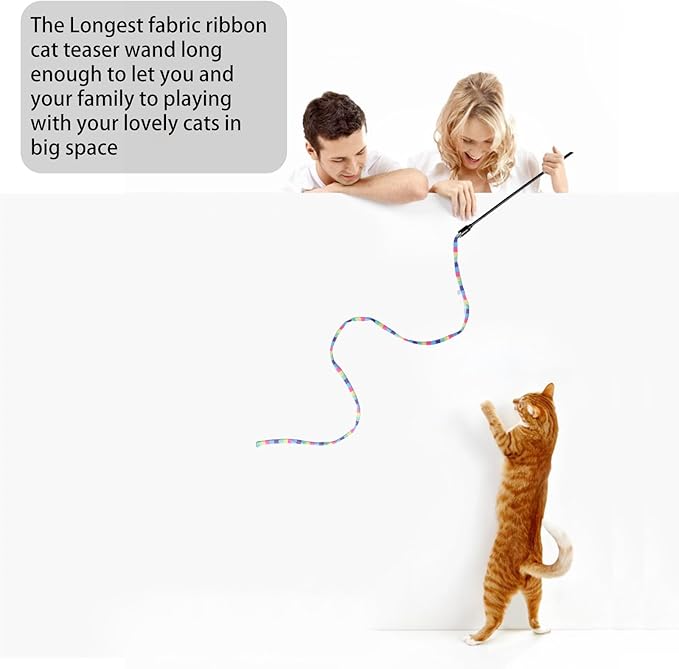 Cat Wand Toys Interactive Kitten Toys Cat Teaser Wand String Feather for Indoor Colorful Ribbon Wands Stick Toy Cat Charmer-3 Packs