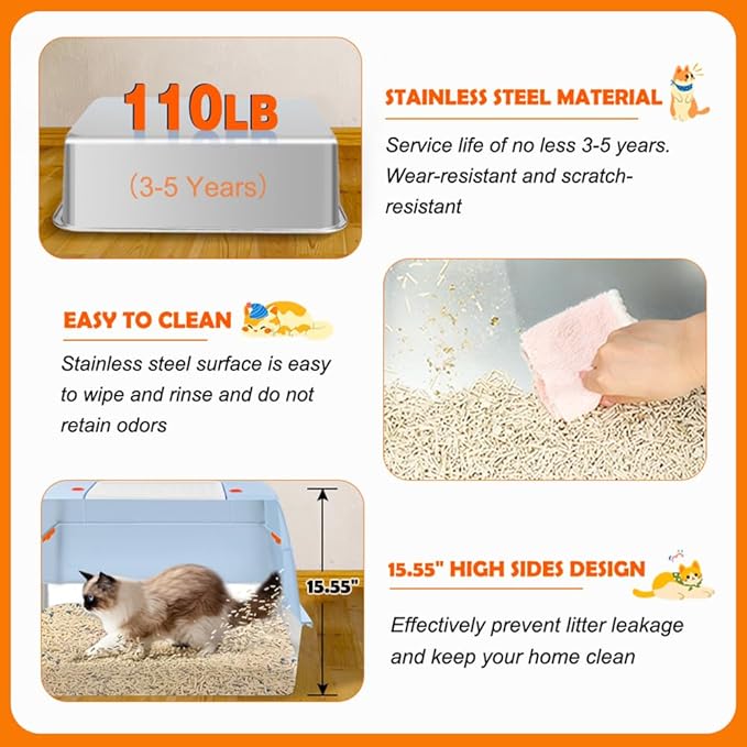 Vivifying Stainless Steel Litter Box with Lid, XL Side Entry Extra Large Litter Box for Big Cats & Kitty, Removable Enclosed Metal Cat Pan with High Sided Enclosure, Scoop, Mat, Footboard (Blue)