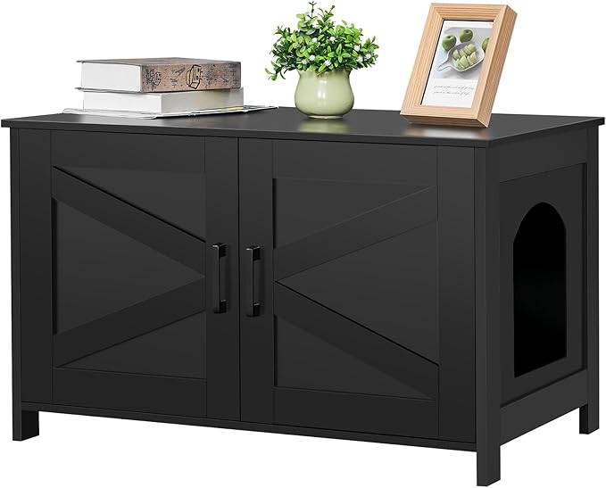 Homhedy Cat Litter Box Enclosure, Wooden Cat Washroom Furniture with Barn Door, Pet House, Fit Most of Litter Box, Black
