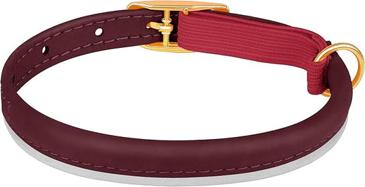 OOPSDOGGY Rolled Leather Cat Collar with Bell - Reflective Kitten Collar with Safety Elastic Strap - Adjustable Small Pet Collars for Boy Girl Cats (Burgundy)