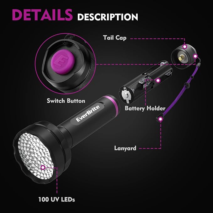 EverBrite UV Flashlight, 100 LED Blacklight Flashlights, 395nm Black Light Flashlight for Pet Urine Detection, Scorpions, Dry Stains, Bed Bug (Batteries Included)