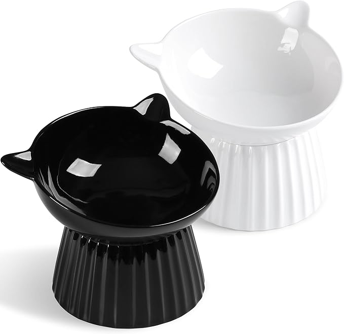 Ceramic Raised Cat Bowl，Tilted Raised Bowl Anti Vomit Bowls for Indoor Cats Whisker Friendly Pet Feeder for Cats Puppies, Microwave and Dishwasher Safe