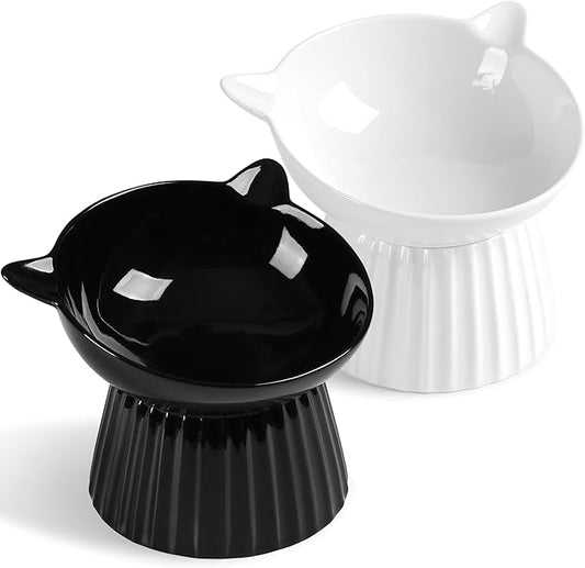 Ceramic Raised Cat Bowl，Tilted Raised Bowl Anti Vomit Bowls for Indoor Cats Whisker Friendly Pet Feeder for Cats Puppies, Microwave and Dishwasher Safe