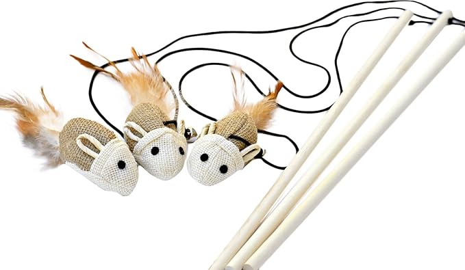 Cat Kitten Teaser Wand Toys, Sisal with Mouse, Bell, Feather, Elastic String, Sturdy Wood Stick, Interactive Fun, Cat Catcher Mice for Pet, Set of 3