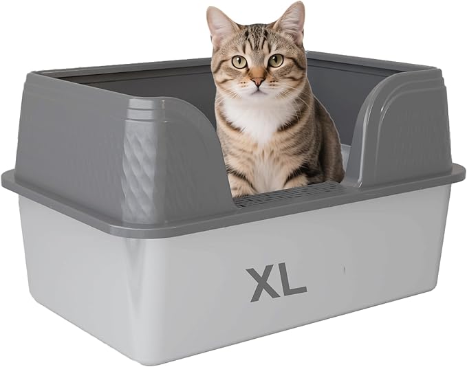 Enclosed Stainless Steel Cat Litter Box with Lid Large Litter Box for Big Cats XL Metal Litter Pan Tray with High Sides Scoop & Litter Mat Inside, Non-Sticky, Anti Leakage(Grey, XL)