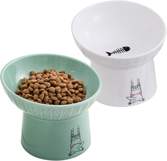 OMAYKEY 6.5 Inch Extra Wide Elevated Cat Bowls, Ceramic Raised Tilted Cat Bowl for Food and Water, Porcelain Pet Feeder Dishes for Cats & Dogs, Whisker Fatigue, White & Green