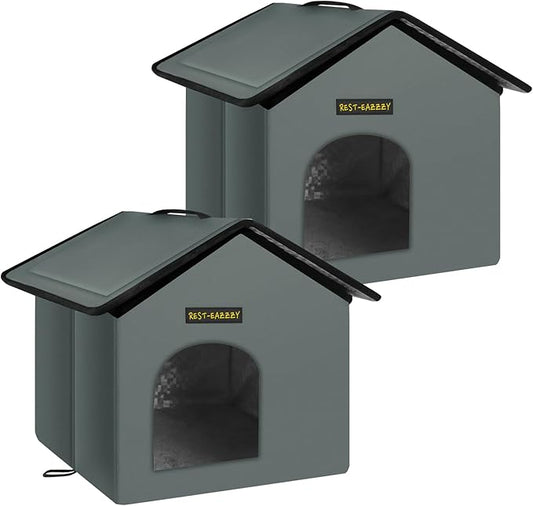 Rest-Eazzzy Cat House for Outdoor Cats, Weatherproof and Insulated Feral Cat House with Mat and Clip, Easy to Put Together, Selfwarming Cat Shelter for Winter, Never Blow Away (Grey, House X 2)
