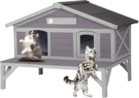Outdoor Cat House Weatherproof Large Cat Shelter with Balcony Indoor Kitty Shelter Condos with Escape Doors