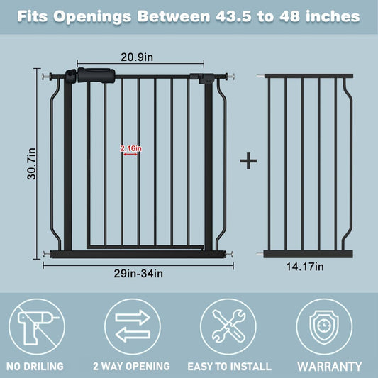 Walk Through Black Baby Gate 43.5-48 Inch Wide, Pressure Mounted Safety With Door No Drill, Tension Metal for Dog Cat and Toddler