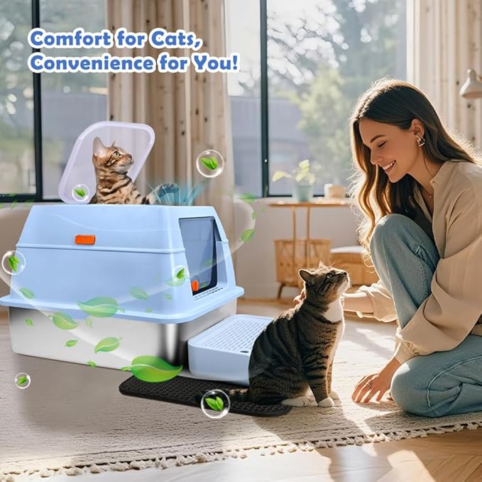 Vivifying Stainless Steel Litter Box with Lid, XL Front Entry Enclosed Extra Large Litter Box for Big Cats & Kitty, Top Exit Metal Cat Pan with Scoop, Mat, Step, Charcoal Filter (Blue)