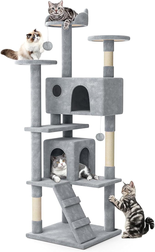 MoNiBloom Cat Tree, 77 Inch Cat Tree Tower with 2 Condo, Tall Cat Tower with Scratching Post, Cat Climbing Tower, Cat Tree for Indoor Cats, Light Grey