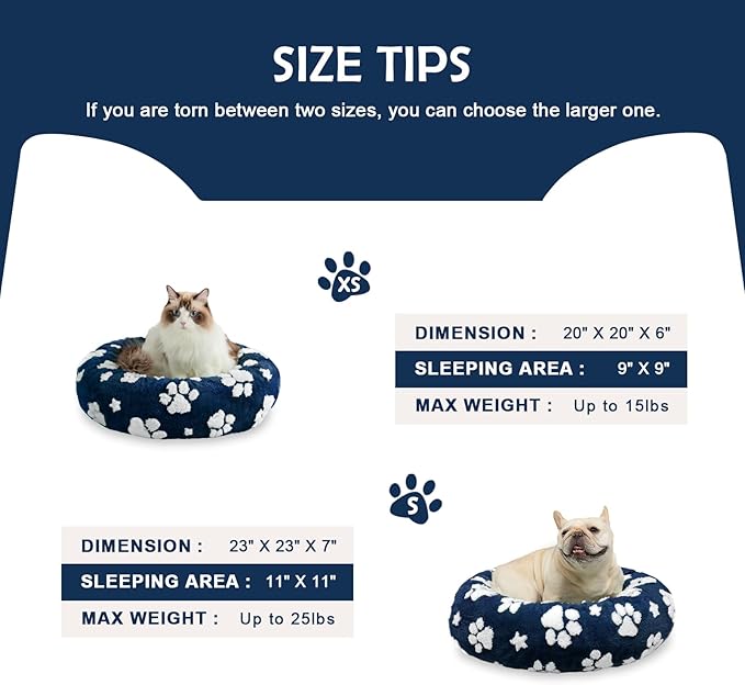 Donut Dog Beds for Small Dogs, Calming Round Cat Beds for Indoor Cats, Cute 3D Textured Paw Pet Bed with Removable Washable Cover and Anti-Slip Bottom（Navy Blue，23"）