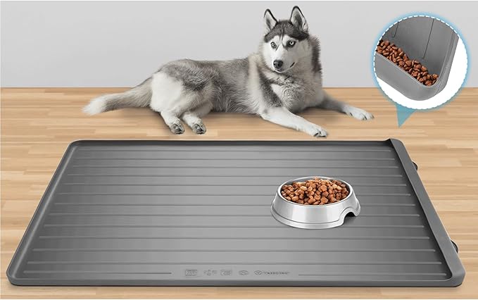 Dog Feeding Mat - 39''x27'' Large Silicone Pet Food Mats with Residue Collection Pocket and High Edges, Floors Waterproof Dog Cat Bowl Mat Prevent Water Food Spills, Light Grey