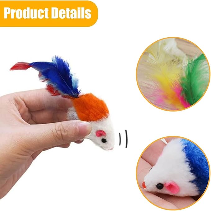 10 Pack Cat Mouse Toy With Fur, Feather, and Rattle Sounds - Interactive Catnip Mice for Chasing, Hunting, Exercising - Kitten Chewing and Teeth Cleaning Toys (Color Random)