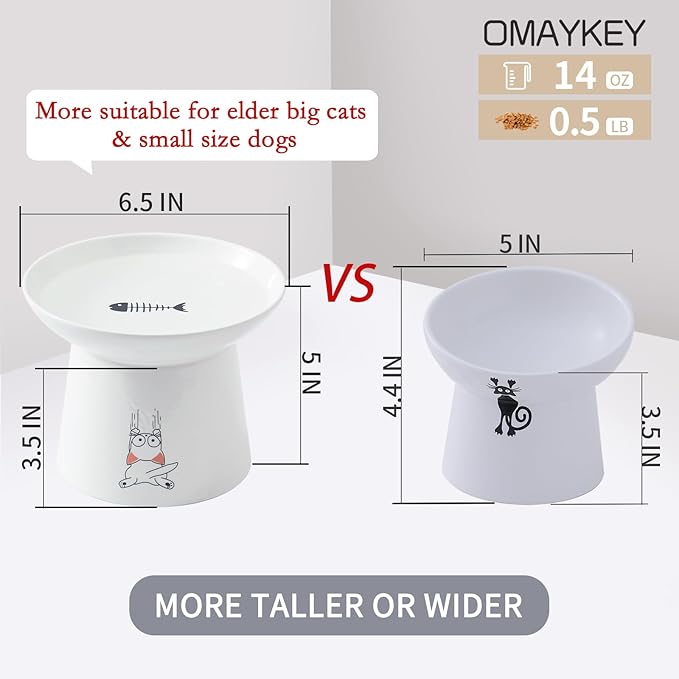 OMAYKEY 6.5 Inch Extra Wide Ceramic Raised Cat Bowls, Upgraded Elevated Porcelain Cat Food Water Bowl Dish, Stress Free Pet Feeder Bowls Dishes for Elder Big Cats & Small Dogs, White