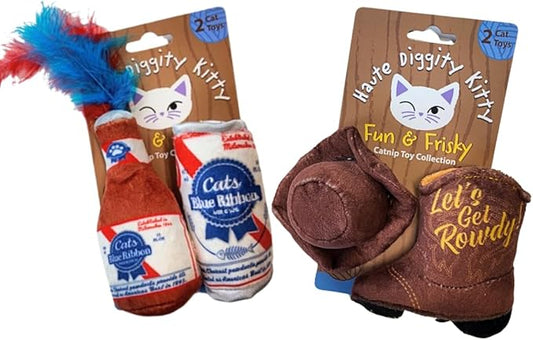 Cats Blue Ribbon + Kitty Cowboy Set, Plush Cat Toys Catnip Filled with Interactive Crackle Sound, Safe & Durable Toys for Cat & Kitten, 4 Pcs