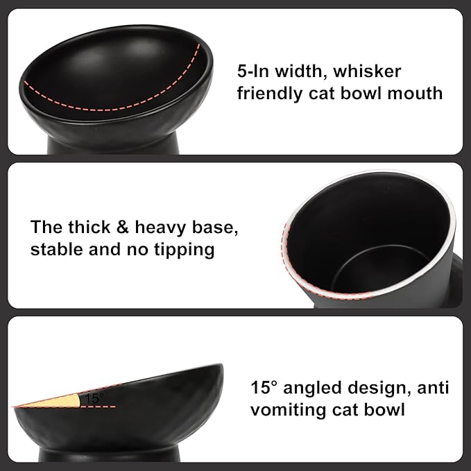 YauYik Ceramic Raised Cat Bowls, Elevated Tilted Cat Food and Water Bowls Set, Stress Free Pet Feeding Dish for Indoor Cats and Small Dogs, Anti Vomiting, Black, 2 Pack