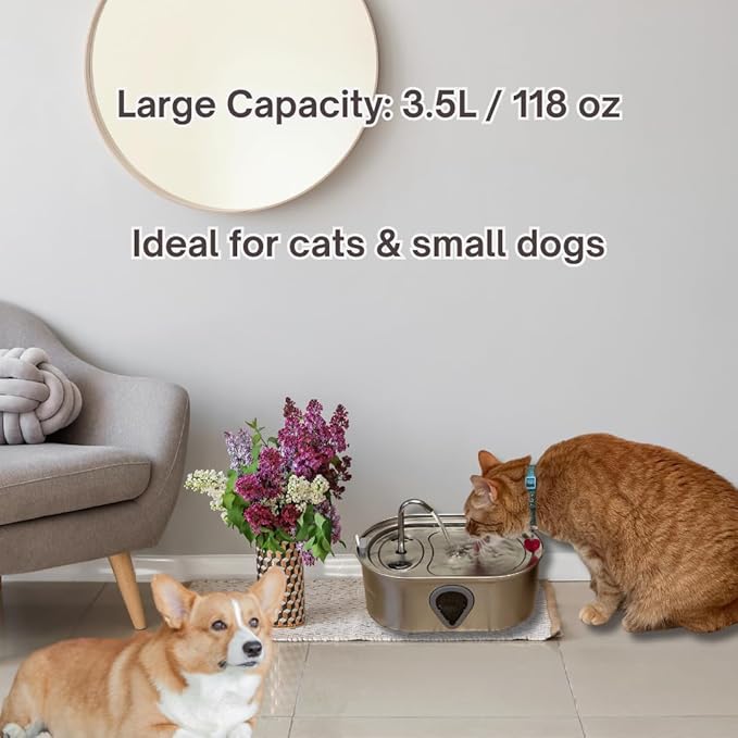 Stainless Steel Cat Water Fountain – 3.5L/118oz Automatic Pet Water Dispenser with LED Light, Quiet Pump, 4 Replacement Filters & Cleaning Brush – for Cats and Small Dogs