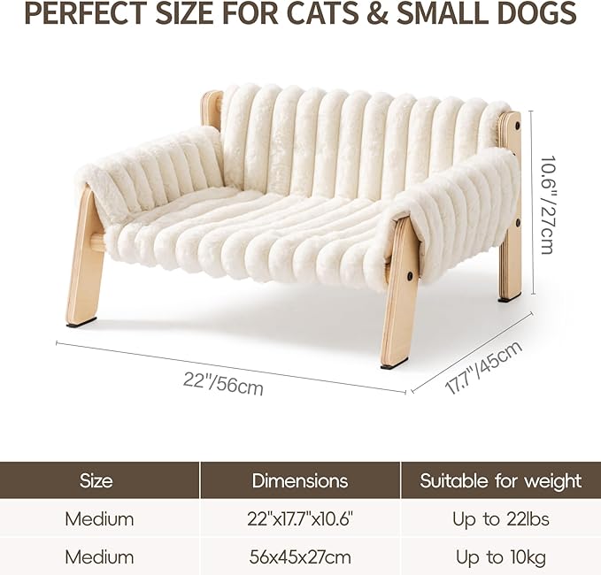 MEWOOFUN Cat Couch Bed, Pet Sofa for Indoor Cats Wooden Indoor Elevated Cat Beds with Removable Mattress Cover Suitable for Kitty, Puppy or Small Animal (Cream, Medium)