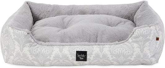 Nicole Miller New York PET Mod Damask Plushy Bolster Pet Bed, Cozy & Calming, Non-Slip Bottom, Machine Washable Cover, Grey, Medium 30"x23"x8"