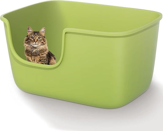 Vealind Large High Sided Cat Litter Box Extra Deep Litter Tray for Multi Cats Household, High Wall Cat Boxes Anti-Splashing Kitty Litter Box (Green)