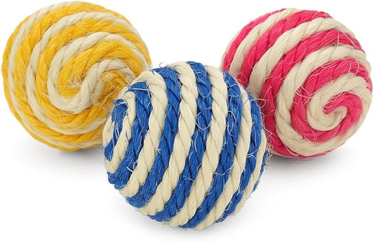 Cutie's PetBox 3-Pack Sisal String Rattle Ball Toy for Indoor Cats - All Natural Woven Fibers, Assorted Colors, 1.7" Size