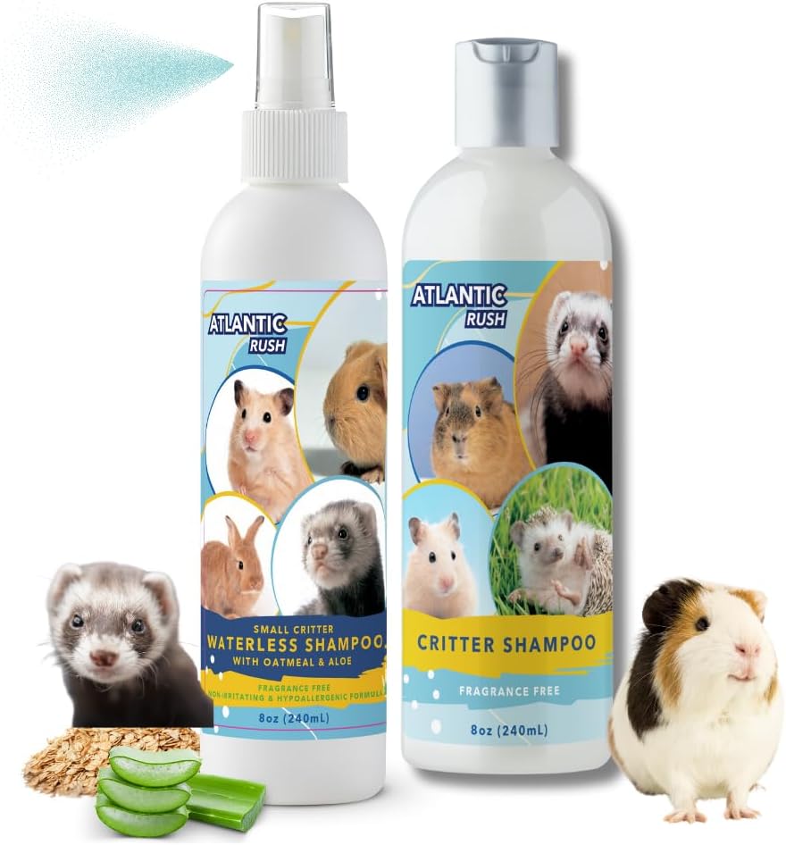 Small Critter Shampoo Bundle - 8oz Fragrance Free & 8oz No Rinse Shampoo for Ferrets, Guinea Pigs, Hedgehogs, Sugar Gliders, Rabbits & Hamsters - Small Animal Complete Bathing Set