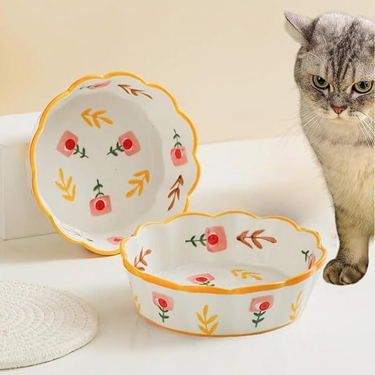 Premium Cat Food Bowl Set of 2, 6" Ceramic Shallow Weighted Bowls with Whisker-Fatigue Design for Indoor Cats, Perfect for Wet Food