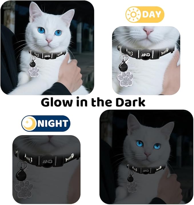 Personalized Breakaway Cat Collars Glow-in-The-Dark with ID Tag, Bell - Safety Quick - Release, Customizable for Female Male Kittens & Cats (Black)