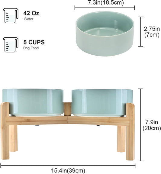 SPUNKYJUNKY Elevated Dog Bowls Ceramic, 7.3'' Dogs Food Water Bowls Raised with Non-Slip Bamboo Stand for Medium to Large Sized Breed Microwave Dishwasher Safe - 42 OZ,Light Green