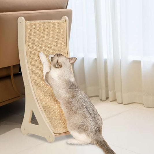Curved Cat Scratcher, L-Shaped Sisal Cat Scratching Pad for Indoor Cats, 25.6" Cat Furniture Protector with Interactive Mouse Toy, Durable Scratch Board