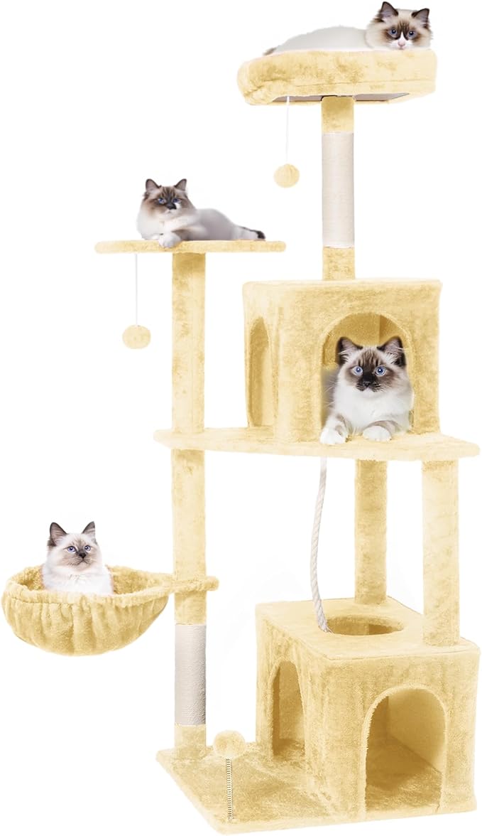 Cat Tree, 54-Inch Cat Tower for Indoor Cats,Plush Multi-Level Cat Condo with Scratching Posts, Basket, Perches,2 Caves,2 Pompoms(Beige)