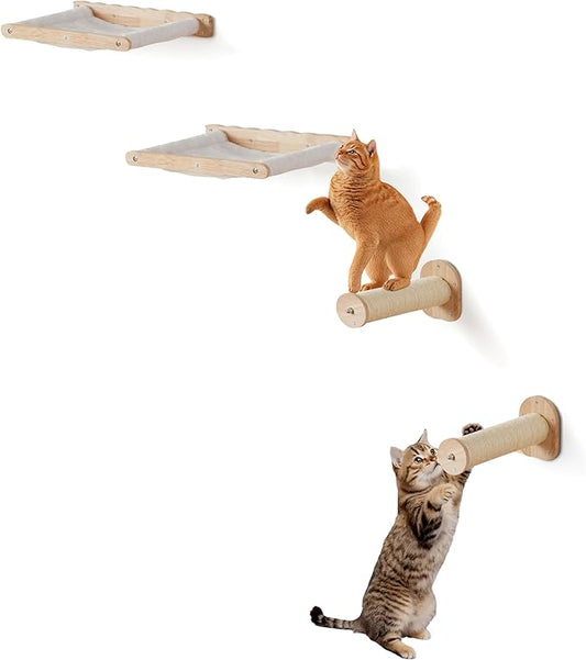 VEVOR Wall Mounted Cat Shelves, Perches with Jumping Posts & Hammocks, Cat Furniture Set up to 40 lbs, Removable & Washable Coral Fleece for Sleeping, Playing, Climbing, Set of 4