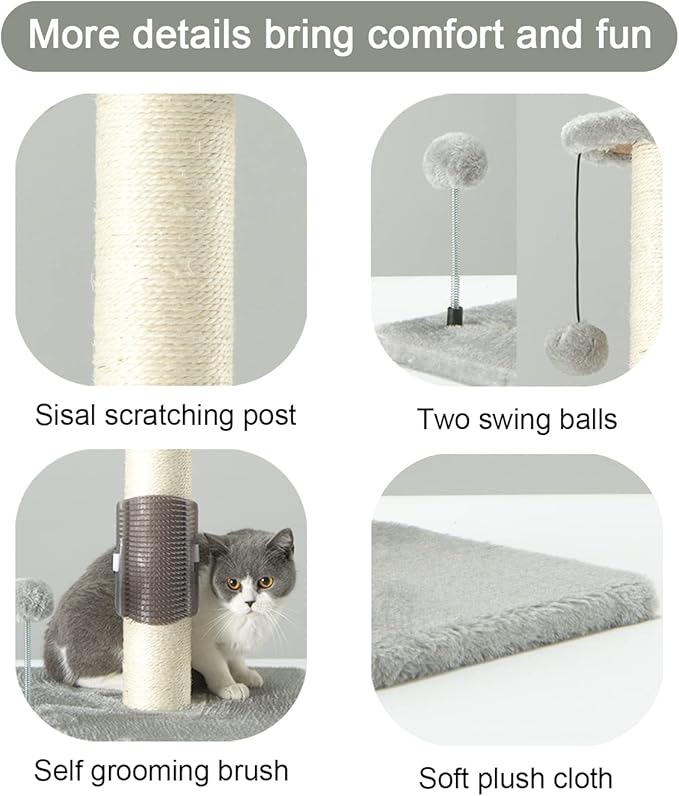 PEEKAB 32" Tall Cat Scratching Post Sisal Scratch Posts with Hanging Ball and Self-Massage Brush Vertical Scratcher for Indoor Cats and Kittens Light-Gray 32inches