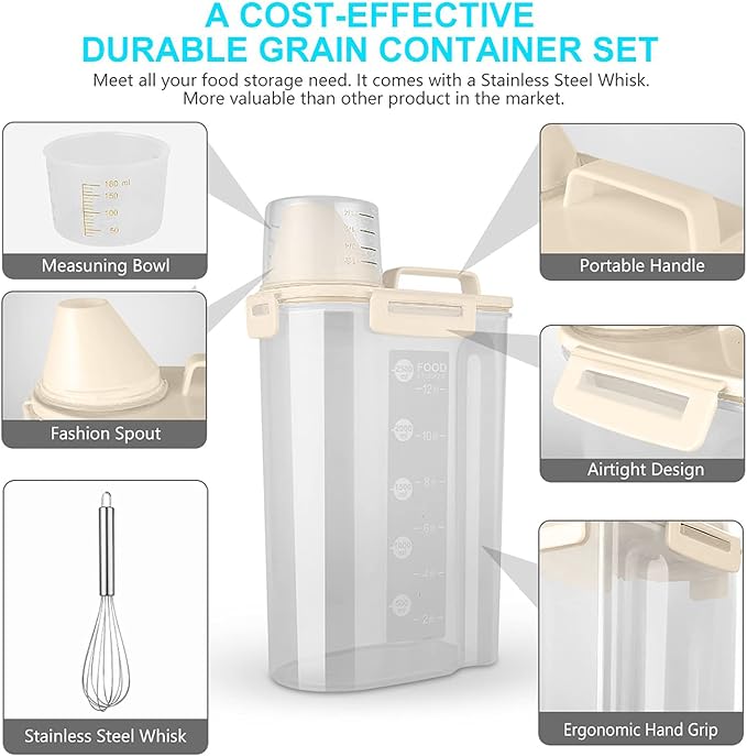 Rice Airtight Dry Food Storage Containers, BPA Free Plastic Storage Bin Dispenser with Pourable Spout, Measuring cup for Cereal, Flour and Baking Supplies, Include a Stainless Steel Whisk