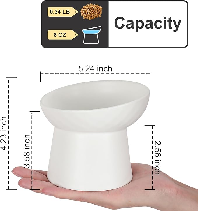 YauYik Ceramic Raised Cat Bowls, Elevated Tilted Cat Food and Water Bowls Set, Stress Free Pet Feeding Dish for Indoor Cats and Small Dogs, Anti Vomiting, White, 2 Pack