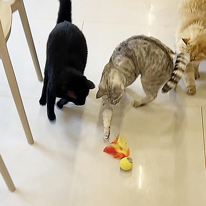 Automatic Cat Toy - Interactive Self-Moving Ball with Feather & Speedy Tail 3.0 Design, Electric Chase Toy for Cats, USB Rechargeable, Smart Obstacle Avoidance (Yellow, Feather)
