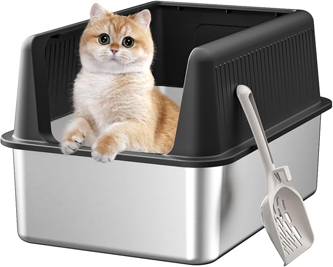 Stainless Steel Cat Litter Box with Lid,XL,19.7” L x 13.8” W x 11.8”H Deep,Large Metal Litter Box with High Side,for Small and Large Cats,Anti-Leakage Non-Sticky Easy Cleaning Include Litter Scoop