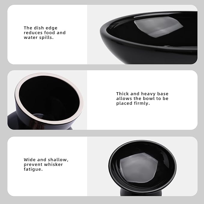 6.2 Inch Extra Wide Elevated Ceramic Cat Bowls, Food and Water Bowl Set for Elder Big Cats Small Dogs, Raised Design for Pet Easy Eating, Protect Cat's Spine Set of 4(Black)
