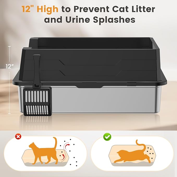 XXXL Stainless Steel Litter Box,Extra Large 28" L x 20" W Metal Litter Box for Big Cats & Multiple Cats with High Sided, Anti-Urine Leakage, Non-Sticky, Easy Cleaning, Include Scoop(Black)